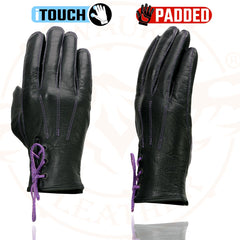 Milwaukee Leather MG7771 Women's 'Laced Wrist' Black and Purple Leather Gloves with Gel Palms