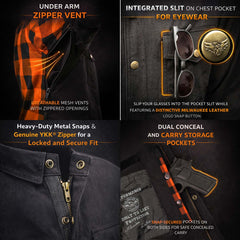 Milwaukee Leather Men’s Two-Tone CE Orange and Black Armored Flannel - Solid Front / Plaid Back - Reinforced w/ Aramid Fibers - MPM1672