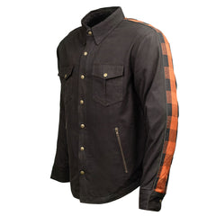 Milwaukee Leather Men’s Two-Tone CE Orange and Black Armored Flannel - Solid Front / Plaid Back - Reinforced w/ Aramid Fibers - MPM1672