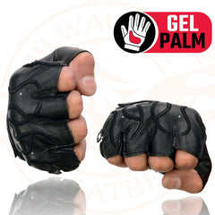 Milwaukee Leather SH198 Men's Black Leather Gel Padded Palm Fingerless Motorcycle Gloves w/ Flame Embroidery
