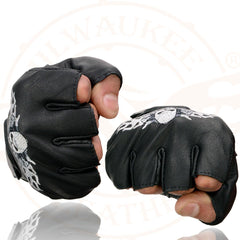 Milwaukee Leather SH353 Men's 'Skull and Bones' Black Leather Fingerless Gloves