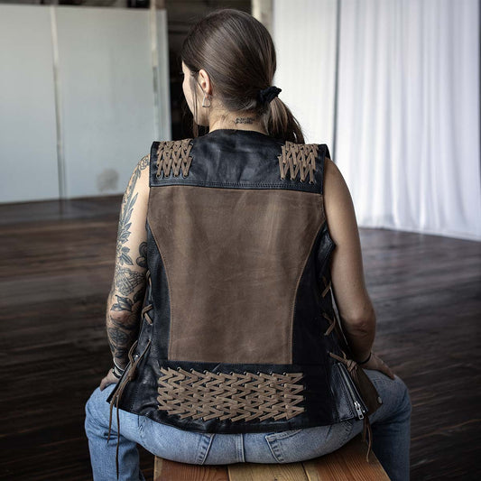 Milwaukee Leather MLL4509 Women's 'Smoocher'  2-Tone Crazy Horse Brown/Black Leather Club Style Motorcycle Vest
