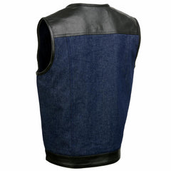 Milwaukee Leather MDM3004 Men's 'Brute' Concealed Snap Blue Denim and Black Leather Club Style Vest w/ Hidden Zipper