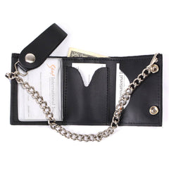 Milwaukee Leather MLW7831 Men's 4" Classic Black Plain Genuine Leather Tri-Fold Biker Wallet w/ Anti-Theft Stainless Steel Chain