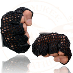 Milwaukee Leather SH219 Men’s Black Leather and Mesh Fingerless Gloves with Padded Palm