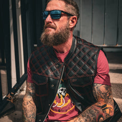 Red Diamond - Mens Premium Leather Diamond Stitch Club Vest