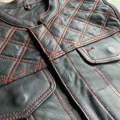 Red Diamond - Mens Premium Leather Diamond Stitch Club Vest