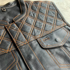 Orange Diamond - Mens Premium Leather Diamond Stitch Club Vest