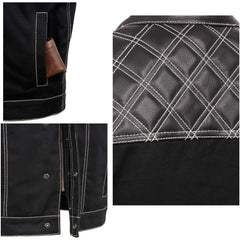 Milwaukee Leather MDM3035 Men’s Wrecker Club Vest – Black Denim & Leather, Diamond Quilt, White Stitch