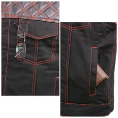 Milwaukee Leather MDM3036 Men’s Wrecker Club Vest – Black Denim & Leather, Diamond Quilt, Red Stitch