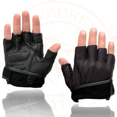 Milwaukee Leather MG7585 Men's Black Leather Full Panel Fingerless Gloves with Gel Palm