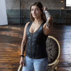Milwaukee Leather Women's Black Leather V-Neck Motorcycle Rider Vest with Side Lace MLL4531