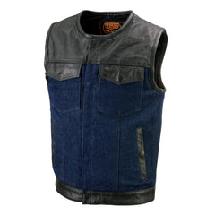 Milwaukee Leather MDM3004 Men's 'Brute' Concealed Snap Blue Denim and Black Leather Club Style Vest w/ Hidden Zipper