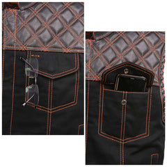 Milwaukee Leather MDM3037 Men’s Wrecker Club Vest – Black Denim & Leather, Diamond Quilt, Orange Stitch