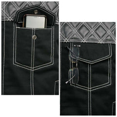 Milwaukee Leather MDM3035 Men’s Wrecker Club Vest – Black Denim & Leather, Diamond Quilt, White Stitch