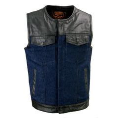 Milwaukee Leather MDM3004 Men's 'Brute' Concealed Snap Blue Denim and Black Leather Club Style Vest w/ Hidden Zipper