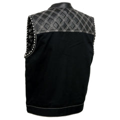 Milwaukee Leather MDM3035 Men’s Wrecker Club Vest – Black Denim & Leather, Diamond Quilt, White Stitch