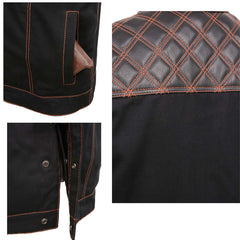 Milwaukee Leather MDM3037 Men’s Wrecker Club Vest – Black Denim & Leather, Diamond Quilt, Orange Stitch