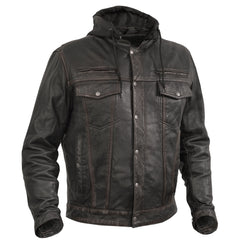 Men's Black Lightweight Drum Dyed Distressed Lambskin Jacket with Removable Hoodie