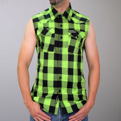 Hot Leathers GMS3492 Men's Black and Green Shredder Skull Sleeveles Flannel Shirt
