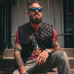Red Diamond - Mens Premium Leather Diamond Stitch Club Vest