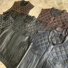 Orange Diamond - Mens Premium Leather Diamond Stitch Club Vest