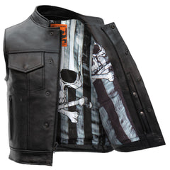 Hot Leathers VSM1054 Men's Black 'Skull Flag' Motorcycle Club style Conceal and Carry Leather Biker Vest