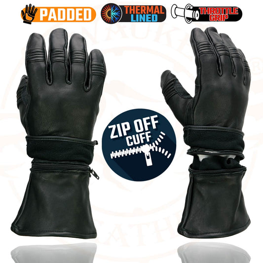 Milwaukee Leather Men's Gauntlet Motorcycle Hand Gloves- Deerskin Zip-Off-Long Cuff Thermal Lined Gel Palm-SH852