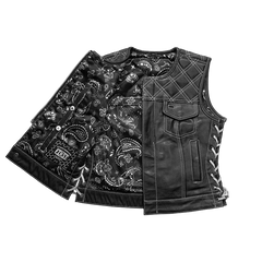 FIL588CDM5X-BLKWH-Bonnie - Women's Motorcycle Leather Vest - Diamond Quilt