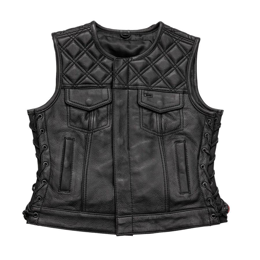 FIL588CDM-BBLK-Bonnie - Women's Motorcycle Leather Vest - Diamond Quilt