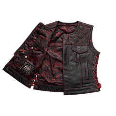 FIL588CDM-BLKRD-Bonnie - Women's Motorcycle Leather Vest - Diamond Quilt