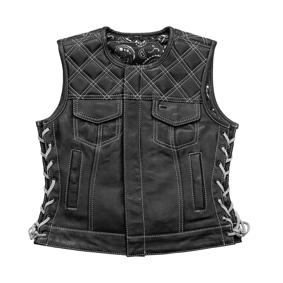 FIL588CDM5X-BLKWH-Bonnie - Women's Motorcycle Leather Vest - Diamond Quilt