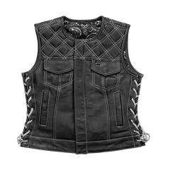 FIL588CDM5X-BLKWH-Bonnie - Women's Motorcycle Leather Vest - Diamond Quilt