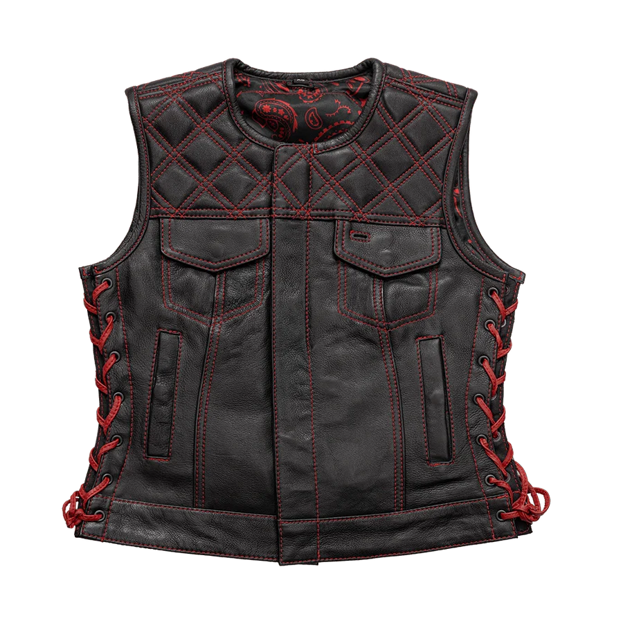 FIL588CDM-BLKRD-Bonnie - Women's Motorcycle Leather Vest - Diamond Quilt