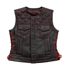 FIL588CDM-BLKRD-Bonnie - Women's Motorcycle Leather Vest - Diamond Quilt
