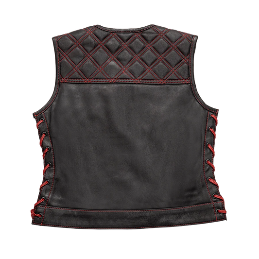 FIL588CDM-BLKRD-Bonnie - Women's Motorcycle Leather Vest - Diamond Quilt