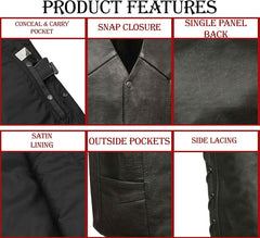 M-Boss Motorcycle Apparel BOS13516T Men’s Black ‘Tall Size’ Conceal and Carry Classic Biker Leather Vest