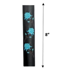 Leather and adorned with three embroidered teal roses