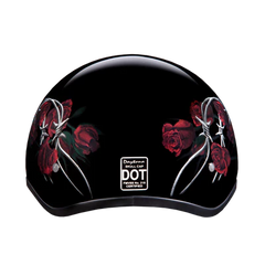 D6-BRO DOT Approved Daytona Motorcycle Half Face Helmet - Skull Cap Graphics for Men & Women, Scooters, ATVs, UTVs & Choppers - W/ Barbed Roses