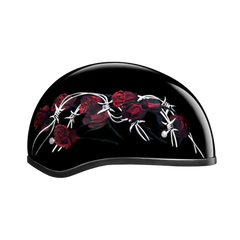 D6-BRO DOT Approved Daytona Motorcycle Half Face Helmet - Skull Cap Graphics for Men & Women, Scooters, ATVs, UTVs & Choppers - W/ Barbed Roses