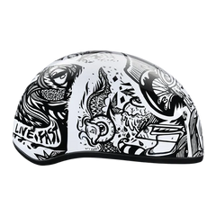 D6-LF DOT Approved Daytona Motorcycle Half Face Helmet - Skull Cap Graphics for Men & Women, Scooters, ATVs, UTVs & Choppers - W/ Live Fast