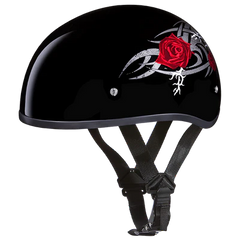 D6-R DOT Approved Daytona Motorcycle Half Face Helmet - Skull Cap Graphics for Men & Women, Scooters, ATVs, UTVs & Choppers - W/ Rose
