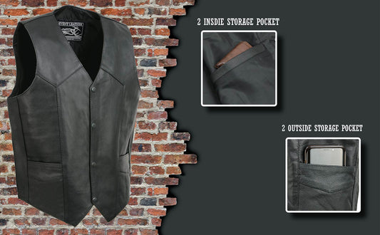 Event Leather EL1310GO Men's Black Leather Classic Snap Button Biker Vest