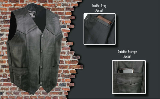 Event Leather EL5310 Men's Classic Black Leather Vest with Snap Button Closure