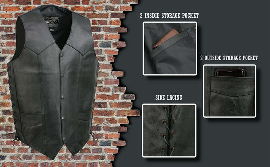 Event Leather EL5315T Men's Black Classic Side Lace Biker Vest in Big and Tall Sizes