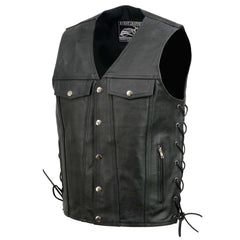 Event Leather EL5360 Men's Black Leather Vest with Denim Style Pockets and Side Lace