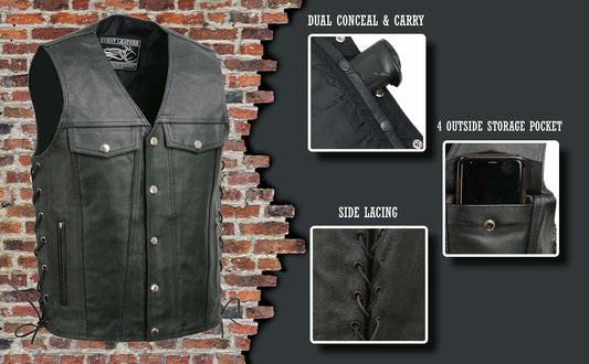 Event Leather EL5360 Men's Black Leather Vest with Denim Style Pockets and Side Lace