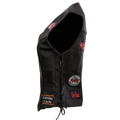 Event Leather ELL4900 Women's Classic Black Genuine Leather Side Laced Motorcycle Riders Vest w/ 9 Patches