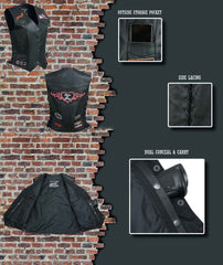 Event Leather ELL4900 Women's Classic Black Genuine Leather Side Laced Motorcycle Riders Vest w/ 9 Patches