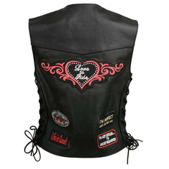 Event Leather ELL4900 Women's Classic Black Genuine Leather Side Laced Motorcycle Riders Vest w/ 9 Patches